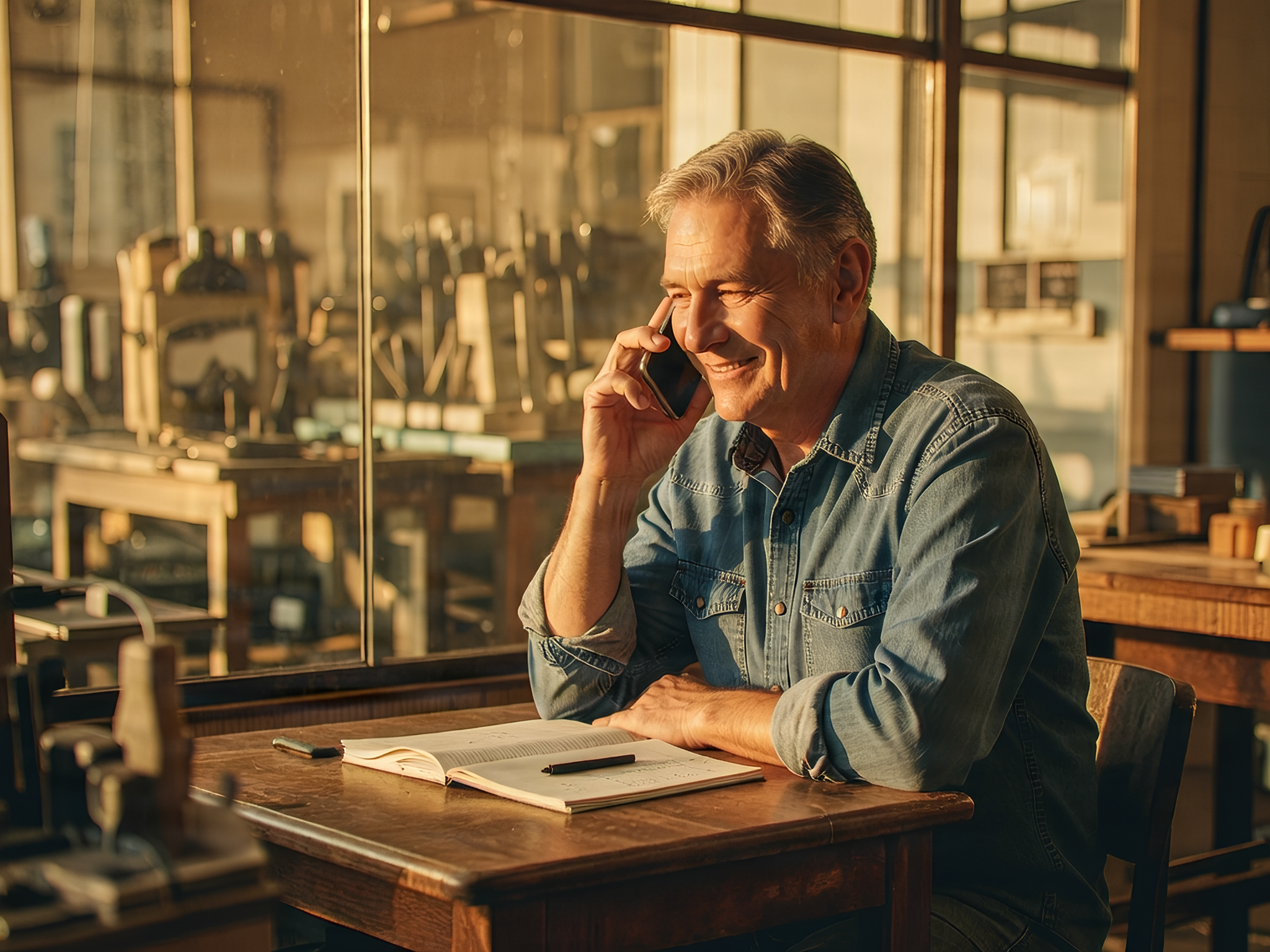 A craftsman smiles on the phone, sitting at his desk in the workshop, an open notebook in front of him.