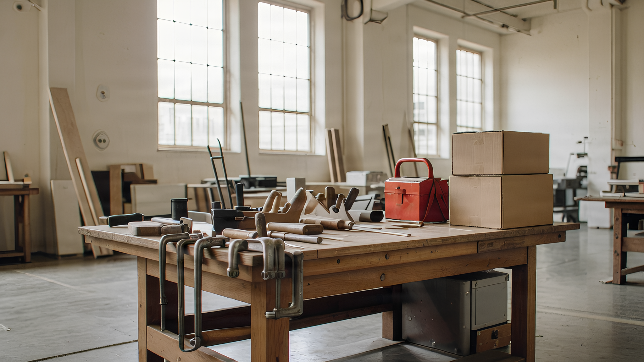 Workshop in natural light: wooden workbench, tidy tools and stacked boxes.