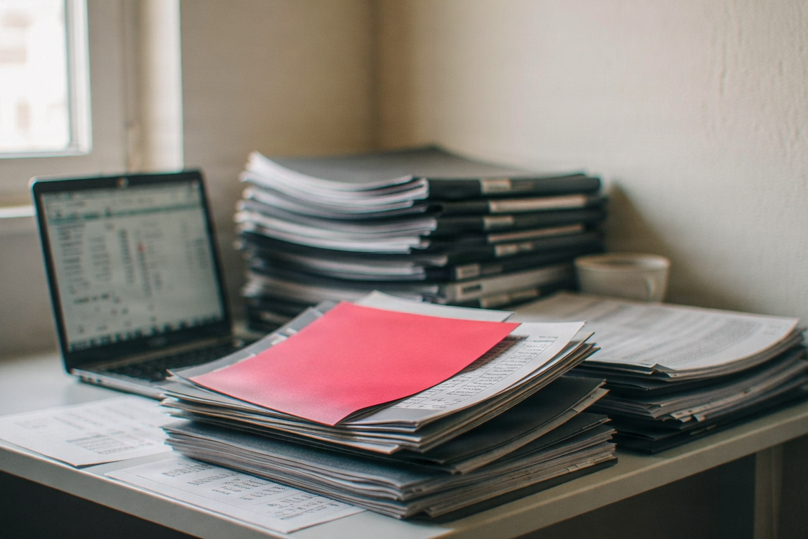 Desk in a small firm: folders, blurred printed sheets and a laptop seen from the side.