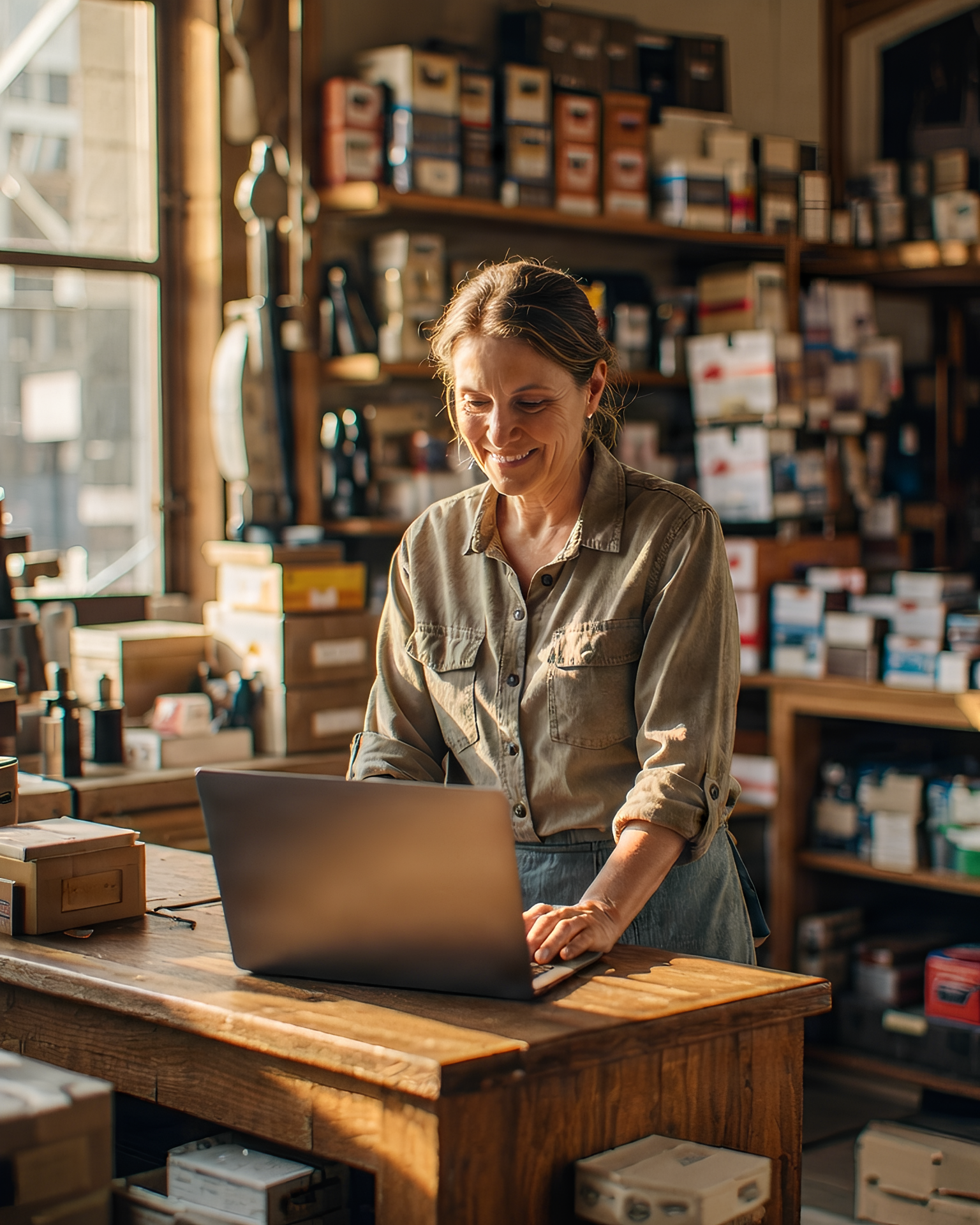 A shop owner smiles at her laptop behind the counter of her hardware store, in morning light.