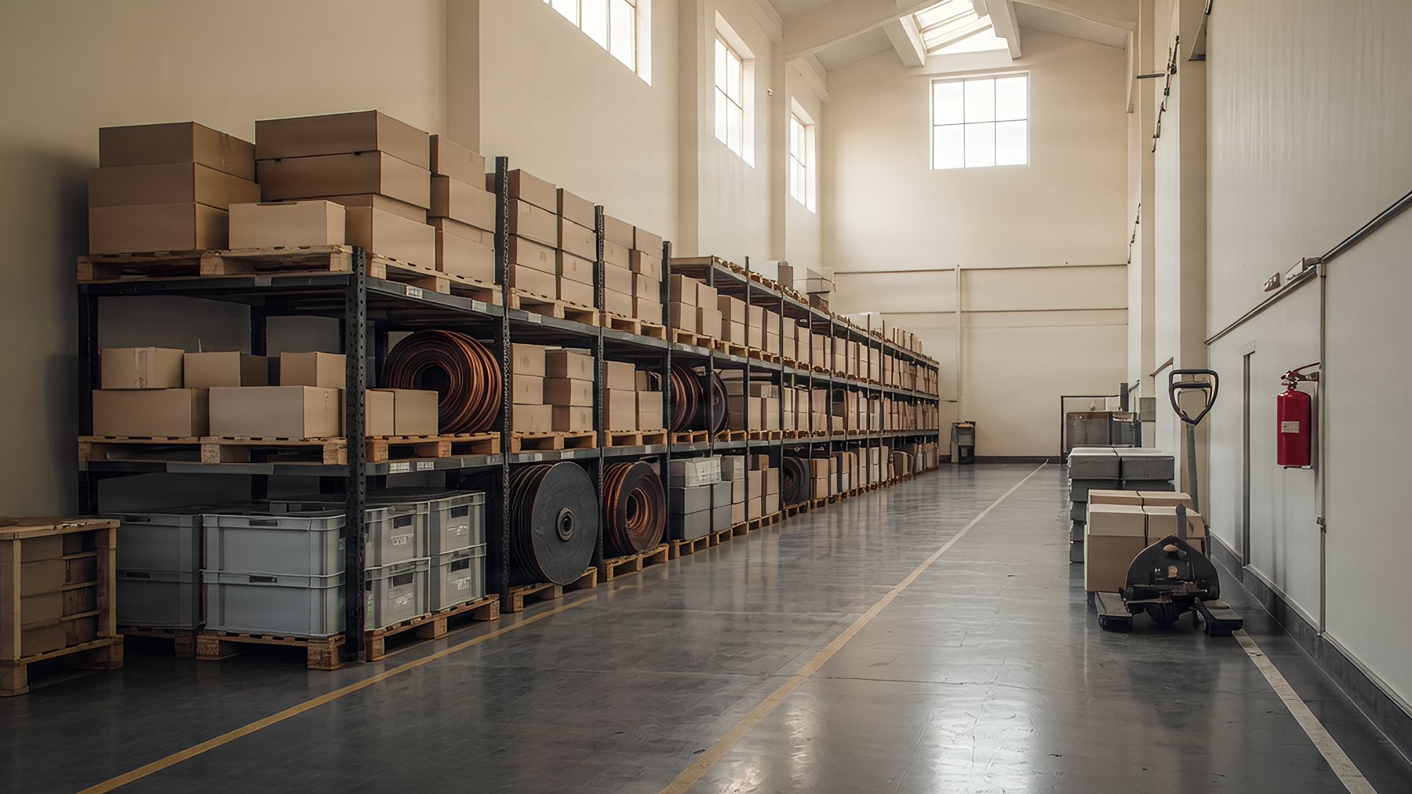 Warehouse aisle in natural light: racks of cardboard boxes, coils of copper pipe and grey crates.