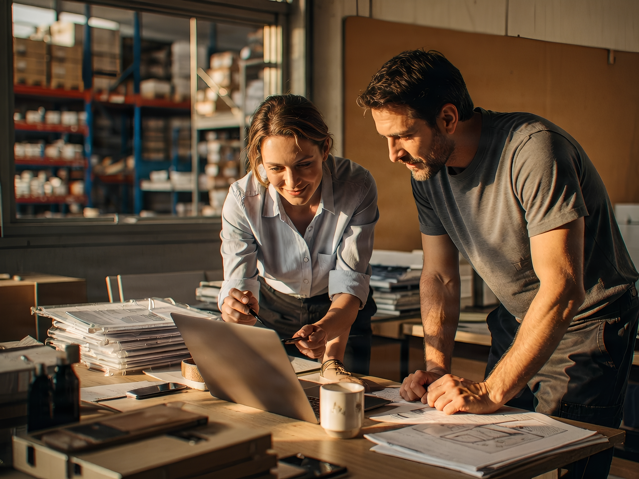 Two colleagues at a wholesaler look at a laptop together in the warehouse office.