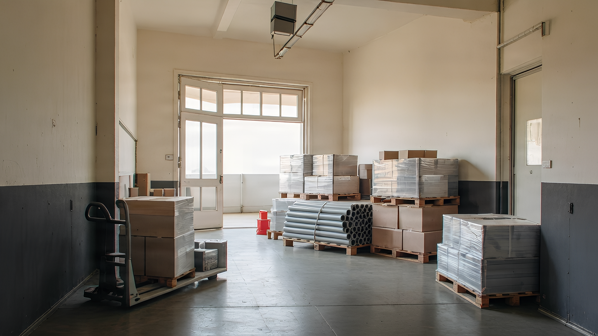 Shipping area: prepared orders on stretch-wrapped pallets and bundles of PVC pipes.
